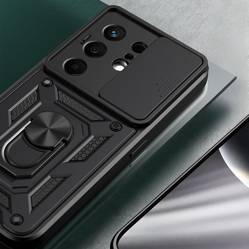 Tecno Camon 50 Kılıf Magnetik Standlı Kamera Korumalı Zore Sürgülü Vega Kapak Siyah