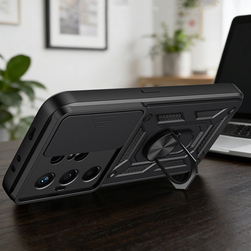 Tecno Camon 50 Kılıf Magnetik Standlı Kamera Korumalı Zore Sürgülü Vega Kapak Siyah