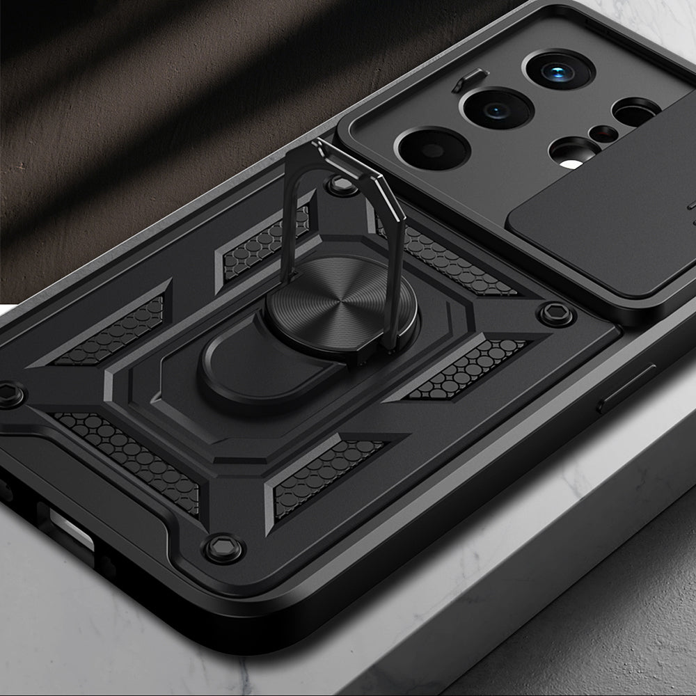 Tecno Camon 50 Kılıf Magnetik Standlı Kamera Korumalı Zore Sürgülü Vega Kapak Siyah