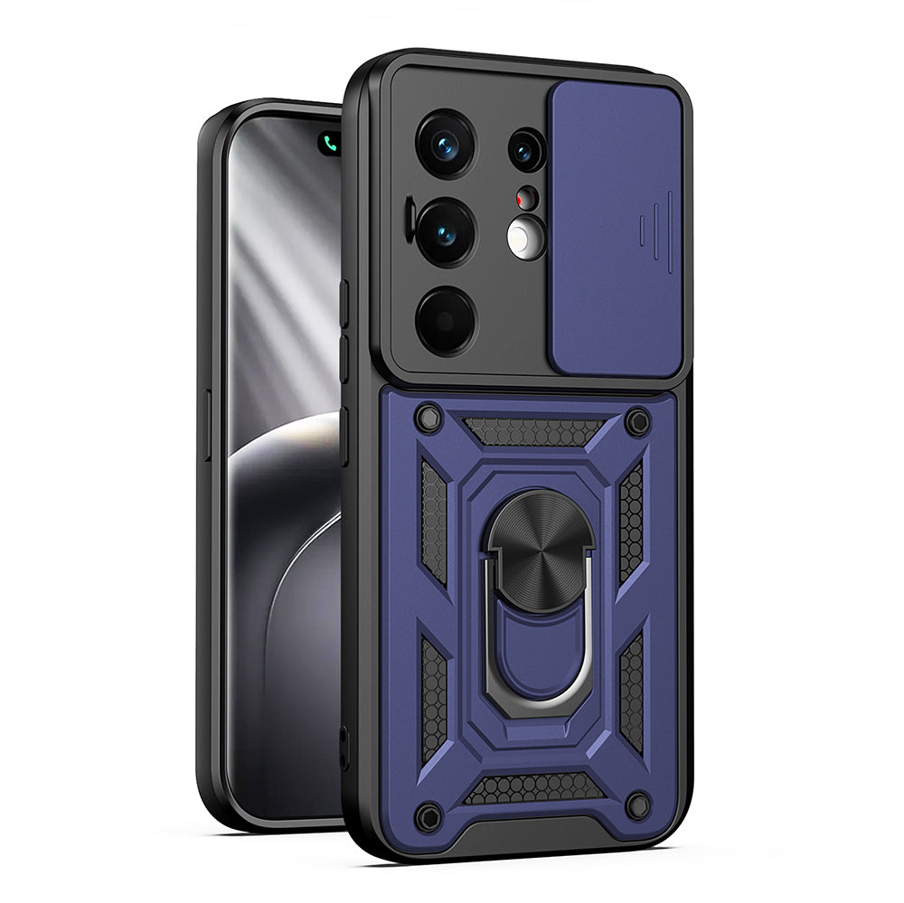 Tecno Camon 50 Pro Kılıf Magnetik Standlı Kamera Korumalı Zore Sürgülü Vega Kapak Mavi