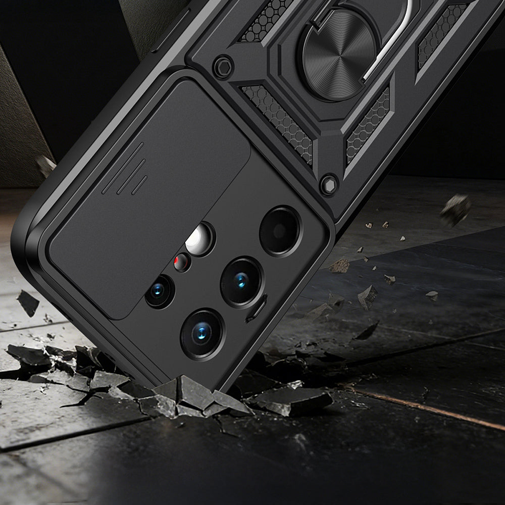 Tecno Camon 50 Pro Kılıf Magnetik Standlı Kamera Korumalı Zore Sürgülü Vega Kapak Siyah