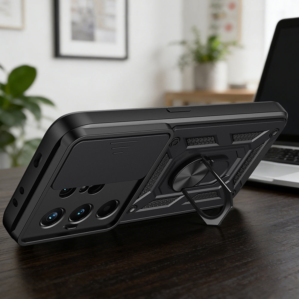 Tecno Camon 50 Pro Kılıf Magnetik Standlı Kamera Korumalı Zore Sürgülü Vega Kapak Siyah