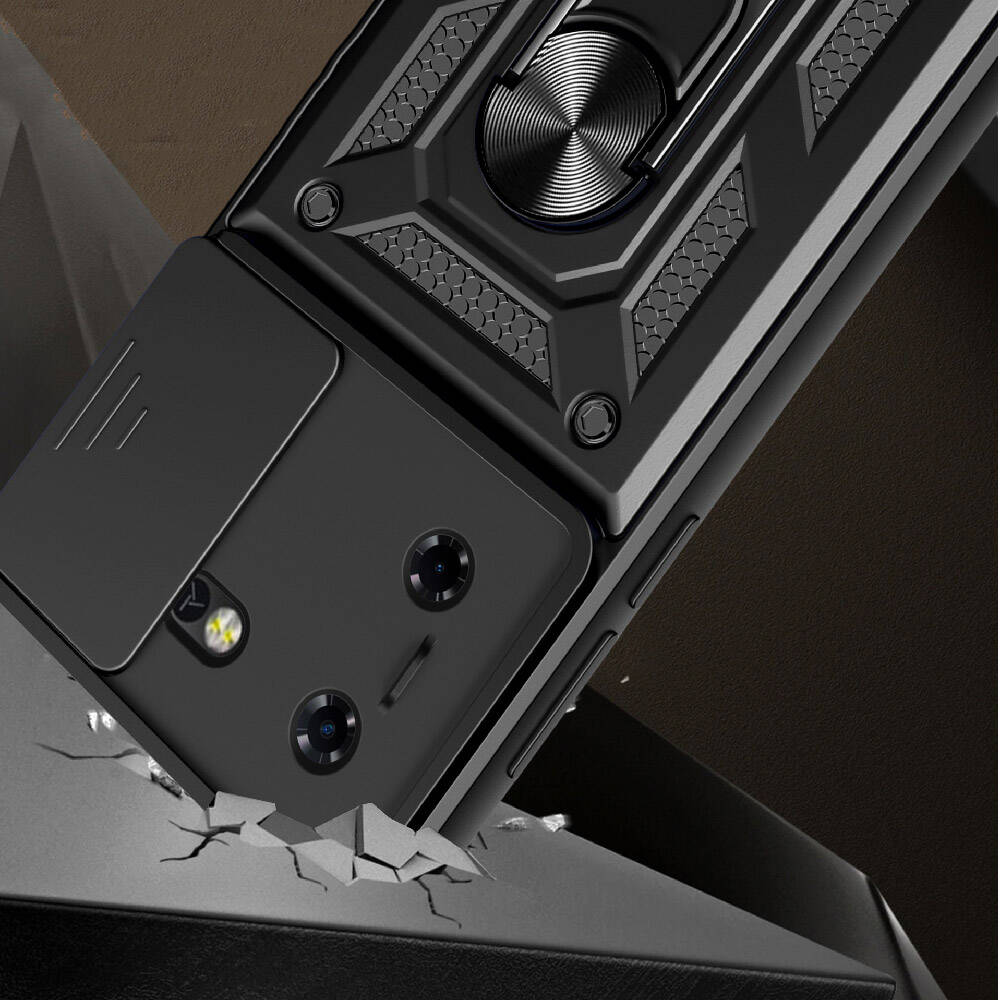 Tecno Pova 5 Kılıf Magnetik Standlı Kamera Korumalı Zore Sürgülü Vega Kapak Siyah