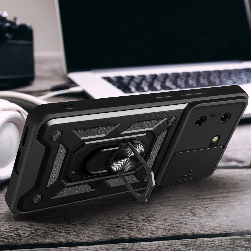 Tecno Pova 5 Kılıf Magnetik Standlı Kamera Korumalı Zore Sürgülü Vega Kapak Mavi