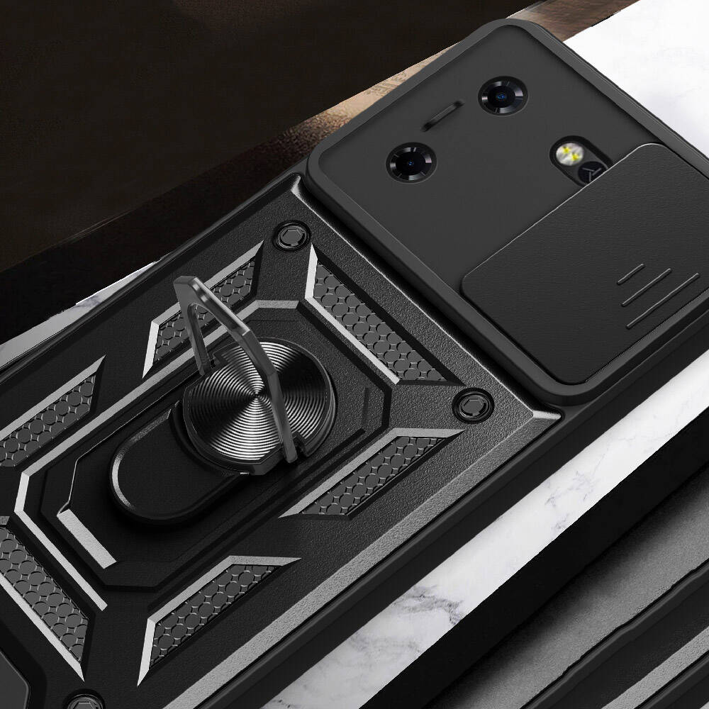 Tecno Pova 5 Kılıf Magnetik Standlı Kamera Korumalı Zore Sürgülü Vega Kapak Siyah