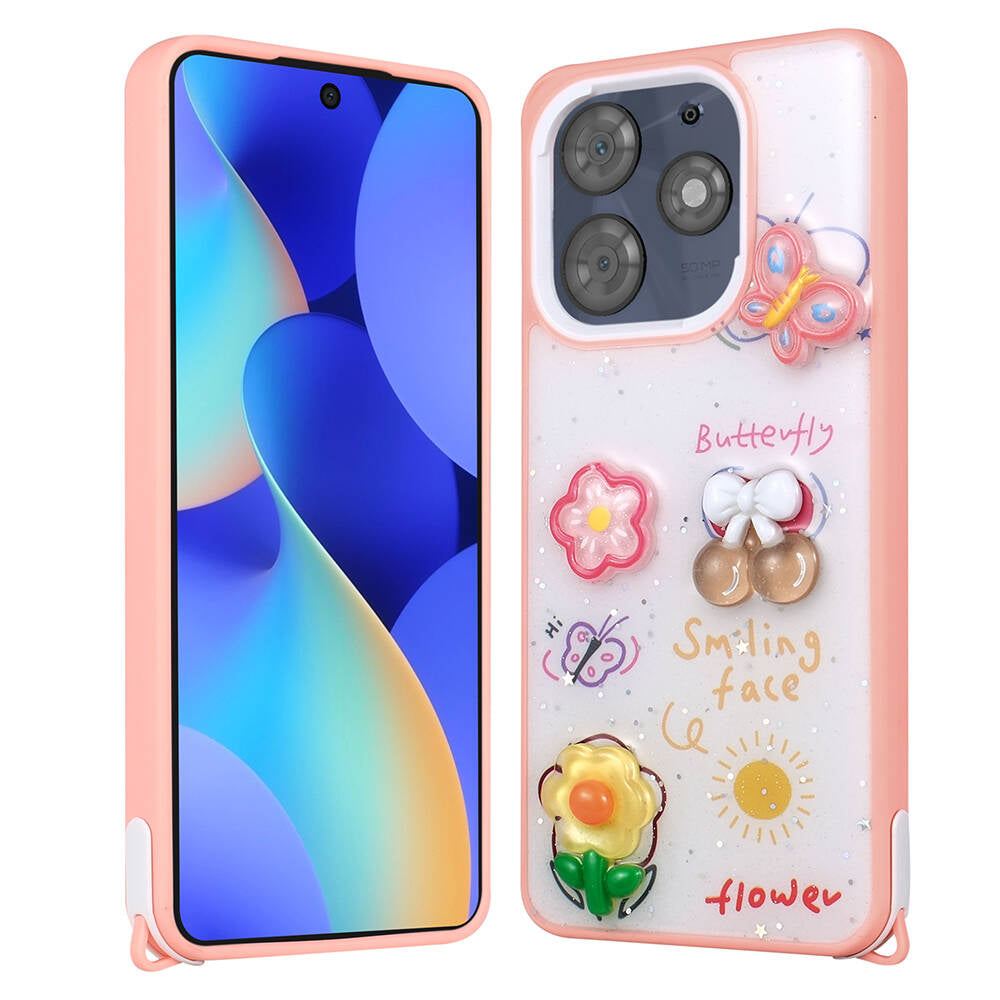 Tecno Spark 10 Pro Kılıf Parlayan Simli Kabartma Figürlü Zore Cevze Kapak Mor Papatya