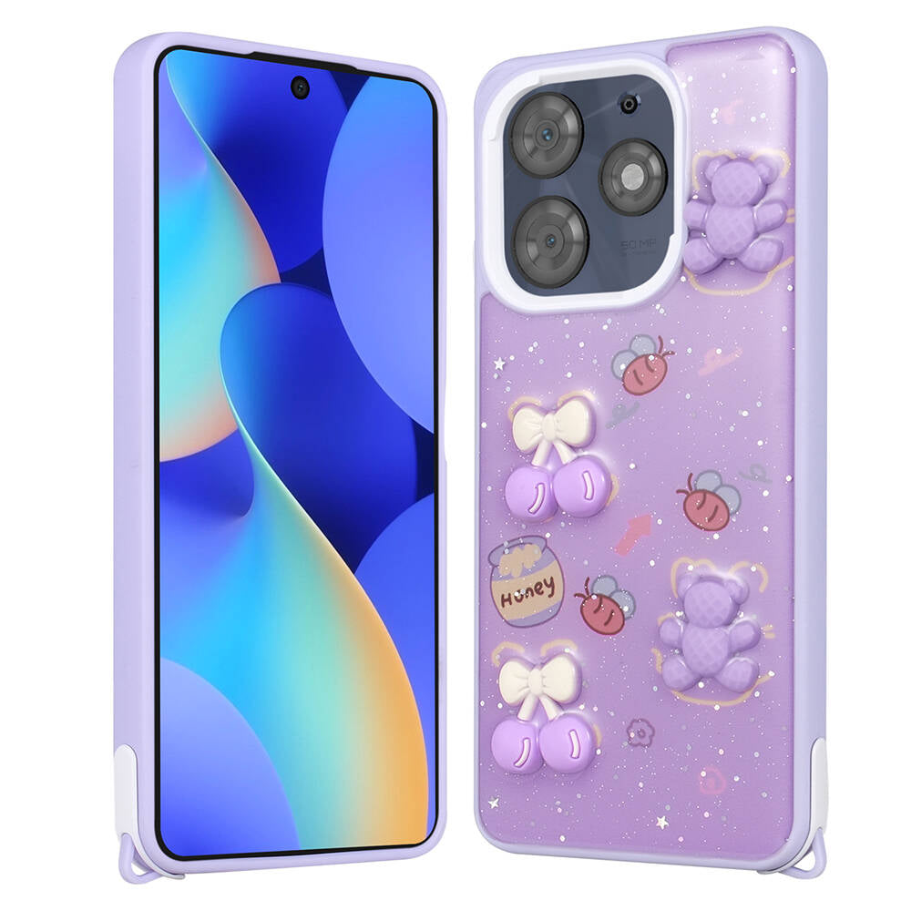Tecno Spark 10 Pro Kılıf Parlayan Simli Kabartma Figürlü Zore Cevze Kapak Mor Ayı