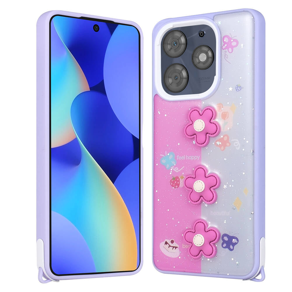 Tecno Spark 10 Pro Kılıf Parlayan Simli Kabartma Figürlü Zore Cevze Kapak Mor Papatya