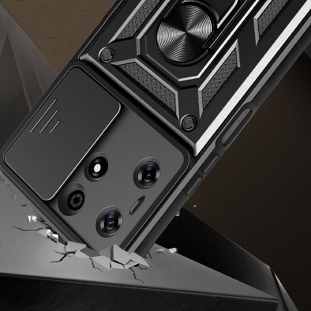 Tecno Spark 10 Pro Kılıf Magnetik Standlı Kamera Korumalı Zore Sürgülü Vega Kapak Siyah