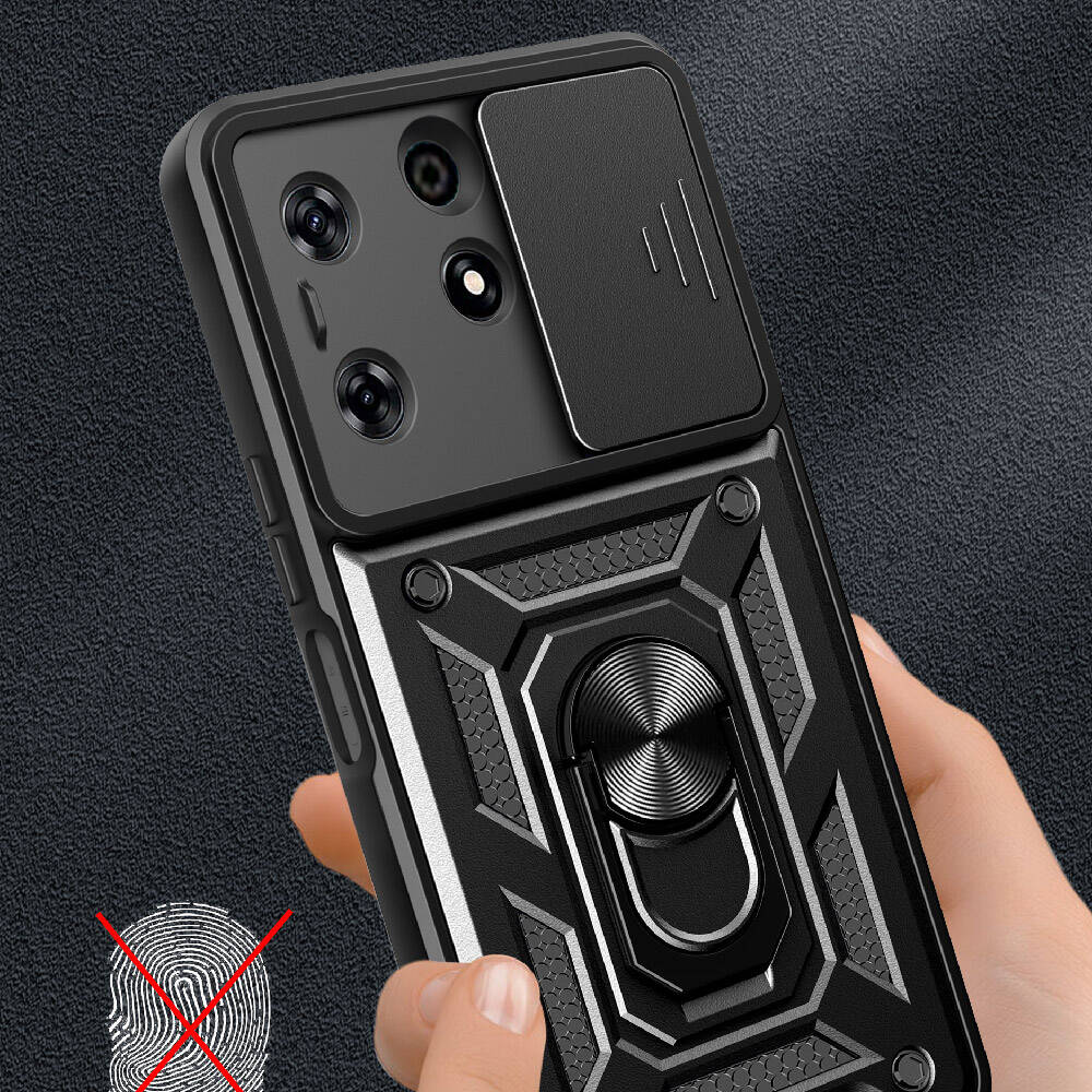 Tecno Spark 10 Pro Kılıf Magnetik Standlı Kamera Korumalı Zore Sürgülü Vega Kapak Siyah