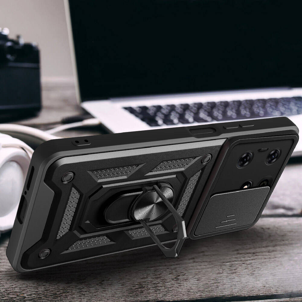 Tecno Spark 10 Pro Kılıf Magnetik Standlı Kamera Korumalı Zore Sürgülü Vega Kapak Siyah