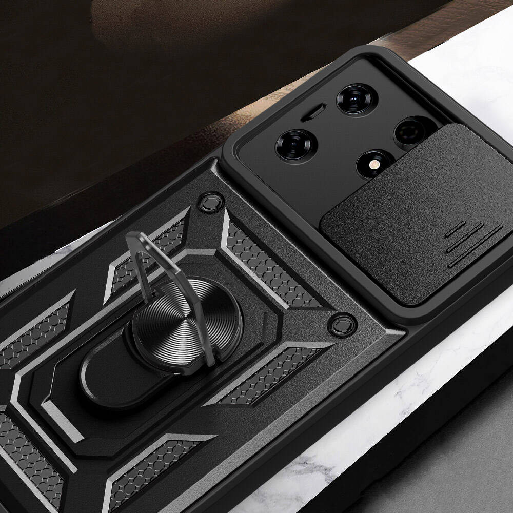 Tecno Spark 10 Pro Kılıf Magnetik Standlı Kamera Korumalı Zore Sürgülü Vega Kapak Siyah