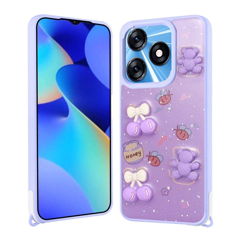 Tecno Spark 10C Kılıf Parlayan Simli Kabartma Figürlü Zore Cevze Kapak Mor Ayı