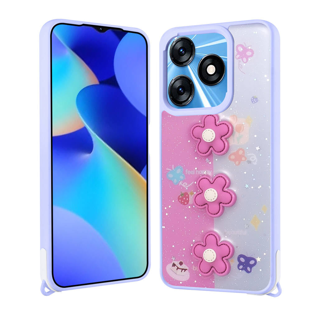 Tecno Spark 10C Kılıf Parlayan Simli Kabartma Figürlü Zore Cevze Kapak Mor Papatya