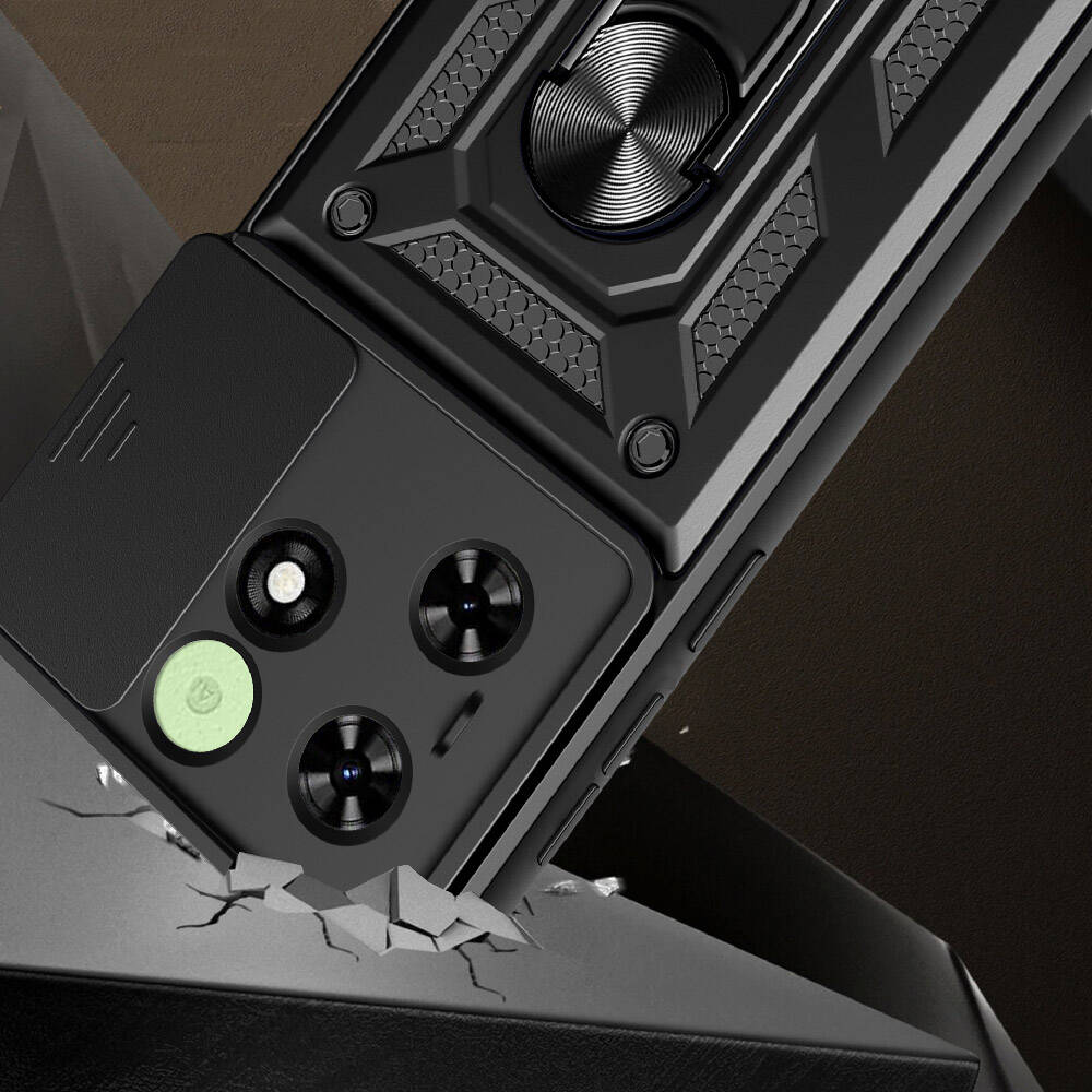 Tecno Spark 20 Kılıf Magnetik Standlı Kamera Korumalı Zore Sürgülü Vega Kapak Siyah