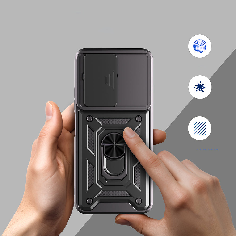 Tecno Spark 40 4G Kılıf Magnetik Standlı Kamera Korumalı Sürgülü Vega Kapak Siyah