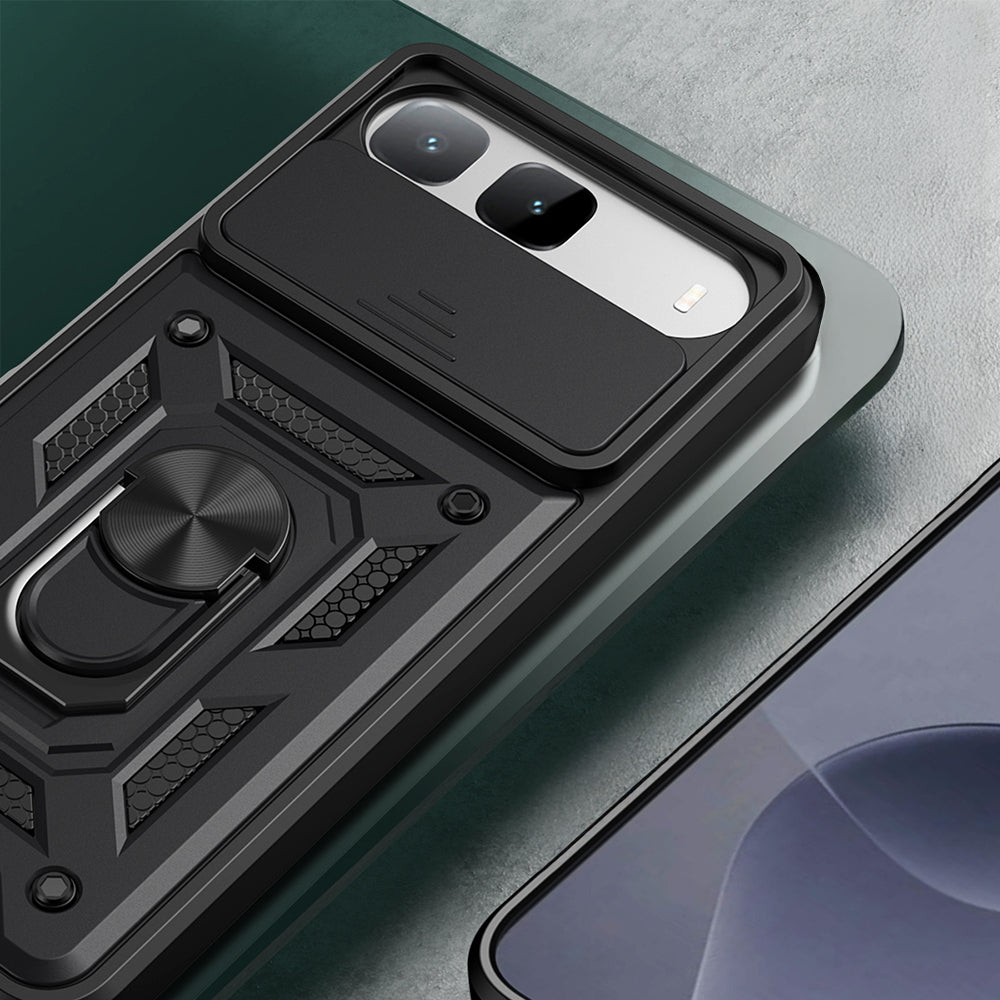 Tecno Spark 40 5G Kılıf Magnetik Standlı Kamera Korumalı Zore Sürgülü Vega Kapak Siyah