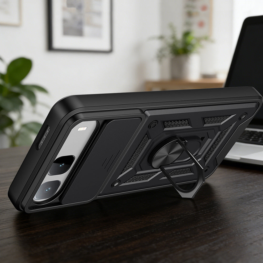 Tecno Spark 40 5G Kılıf Magnetik Standlı Kamera Korumalı Zore Sürgülü Vega Kapak Mavi