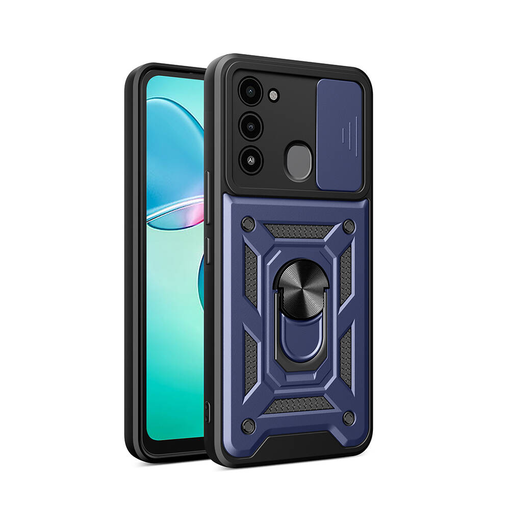 Tecno Spark 8C Kılıf Magnetik Standlı Kamera Korumalı Zore Sürgülü Vega Kapak Siyah