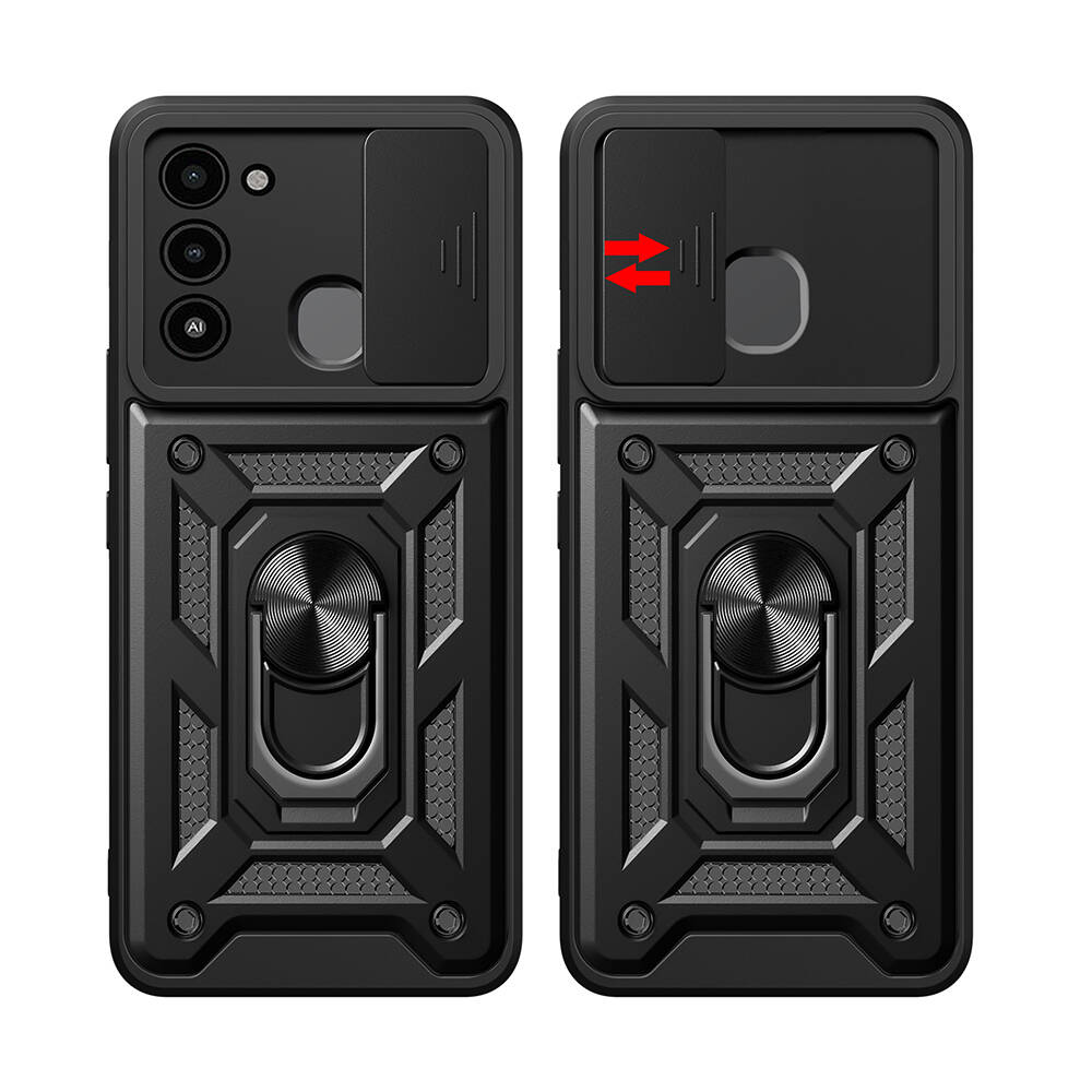 Tecno Spark 8C Kılıf Magnetik Standlı Kamera Korumalı Zore Sürgülü Vega Kapak Mavi