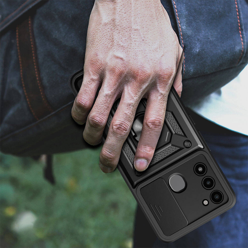 Tecno Spark 8C Kılıf Magnetik Standlı Kamera Korumalı Zore Sürgülü Vega Kapak Mavi