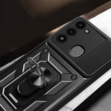 Tecno Spark 8C Kılıf Magnetik Standlı Kamera Korumalı Zore Sürgülü Vega Kapak Mavi