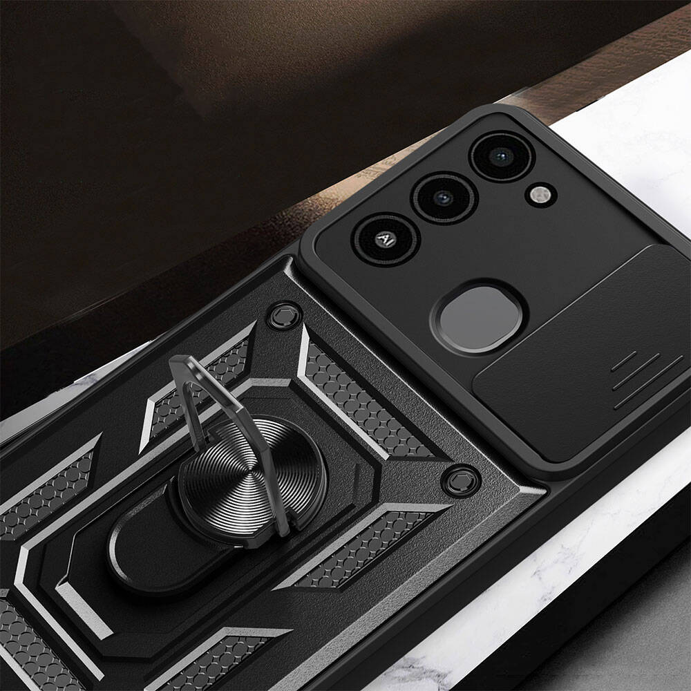 Tecno Spark 8C Kılıf Magnetik Standlı Kamera Korumalı Zore Sürgülü Vega Kapak Mavi