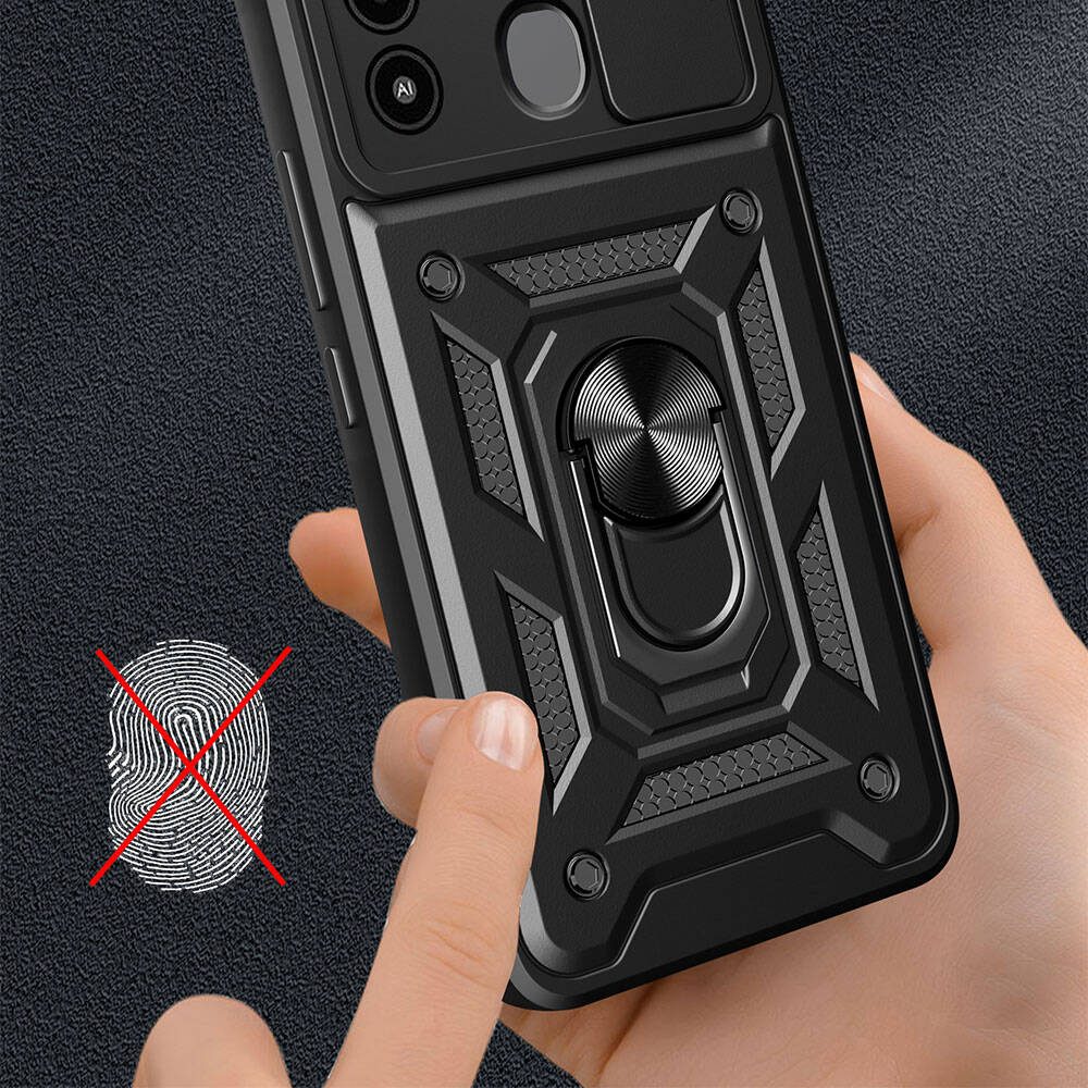 Tecno Spark 8C Kılıf Magnetik Standlı Kamera Korumalı Zore Sürgülü Vega Kapak Mavi
