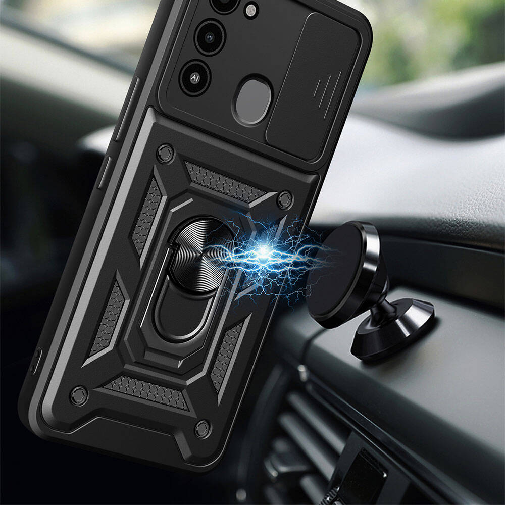 Tecno Spark 8C Kılıf Magnetik Standlı Kamera Korumalı Zore Sürgülü Vega Kapak Mavi