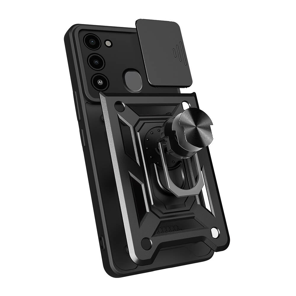 Tecno Spark 8C Kılıf Magnetik Standlı Kamera Korumalı Zore Sürgülü Vega Kapak Siyah