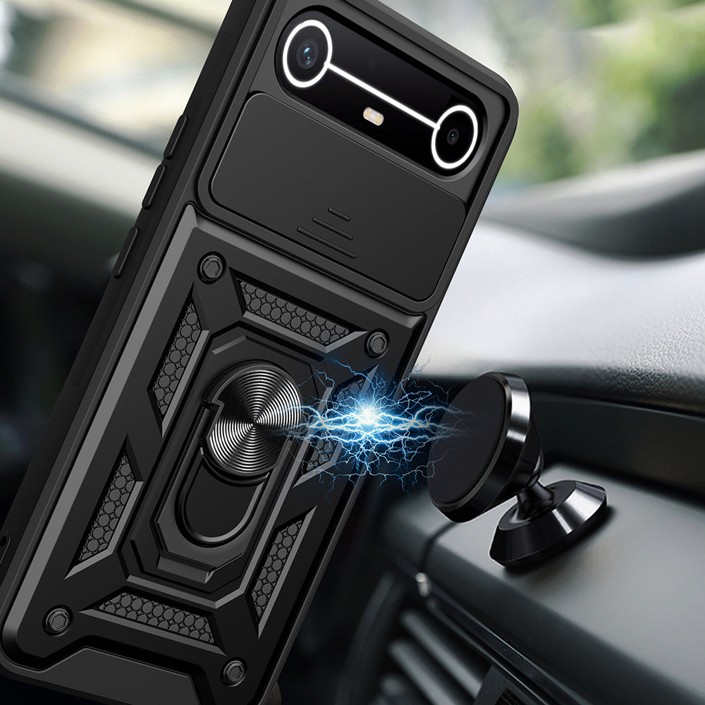 Tecno Spark Slim 5G Kılıf Magnetik Standlı Kamera Korumalı Sürgülü Vega Kapak Siyah