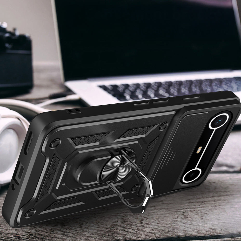 Tecno Spark Slim 5G Kılıf Magnetik Standlı Kamera Korumalı Sürgülü Vega Kapak Siyah