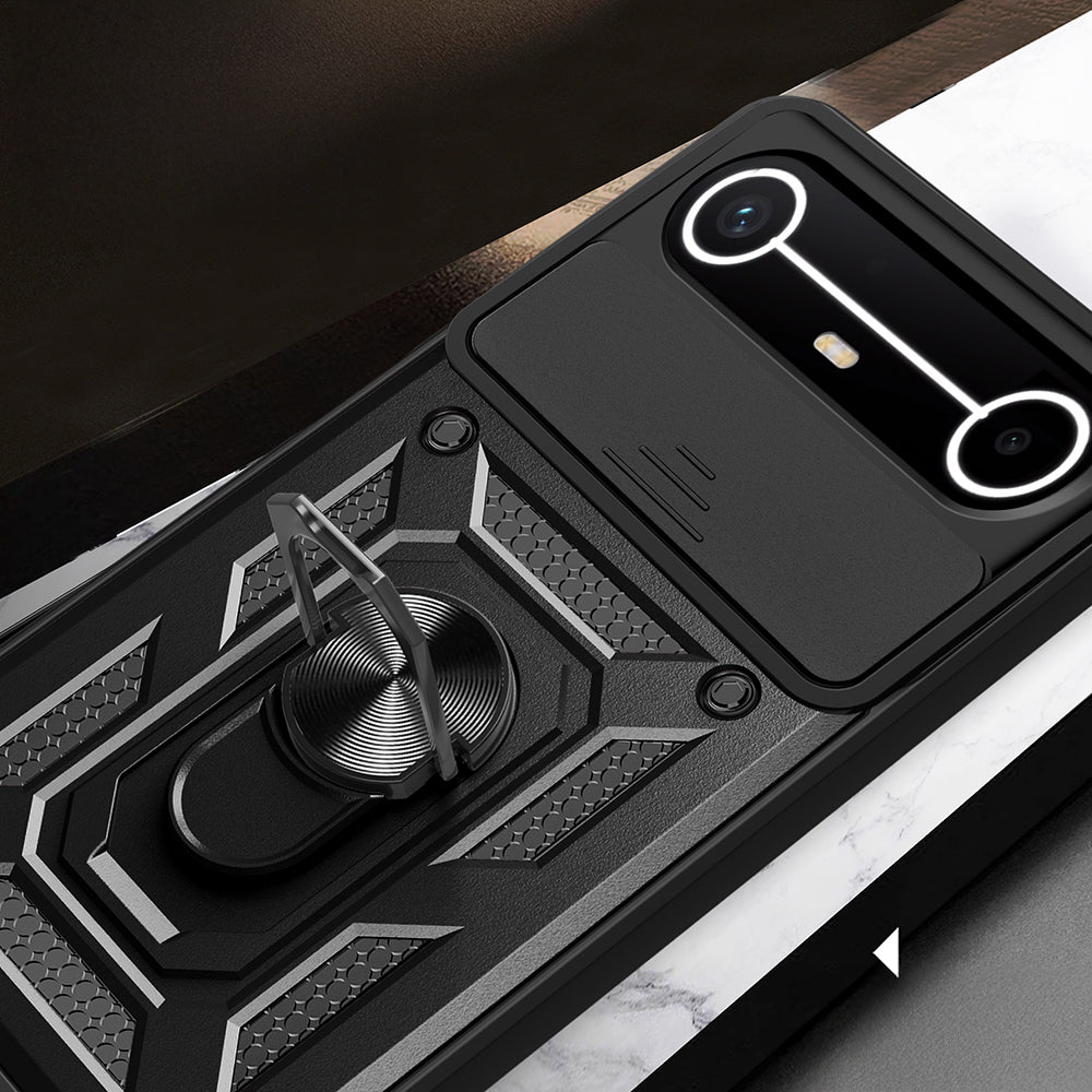 Tecno Spark Slim 5G Kılıf Magnetik Standlı Kamera Korumalı Sürgülü Vega Kapak Siyah
