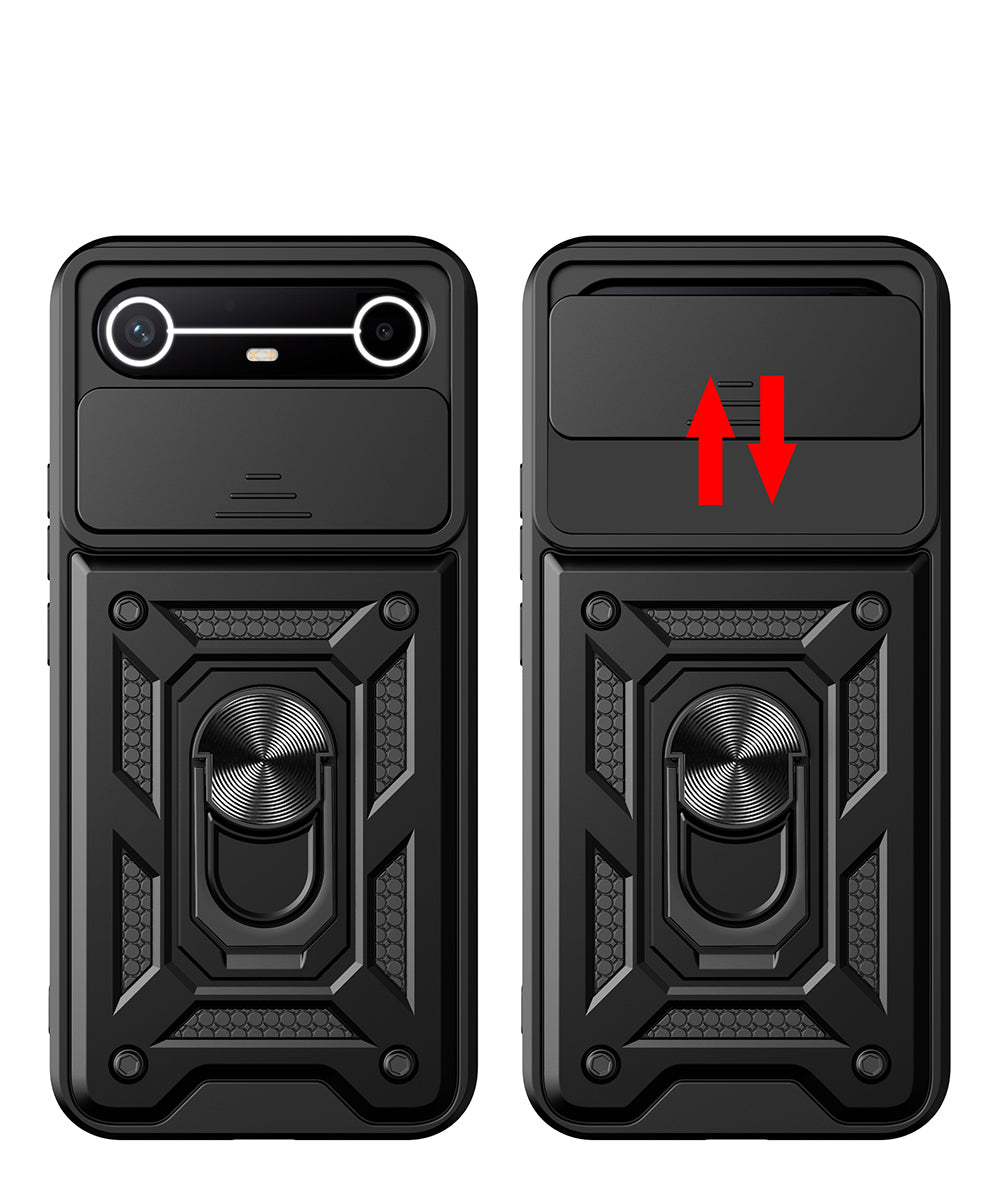 Tecno Spark Slim 5G Kılıf Magnetik Standlı Kamera Korumalı Sürgülü Vega Kapak Siyah