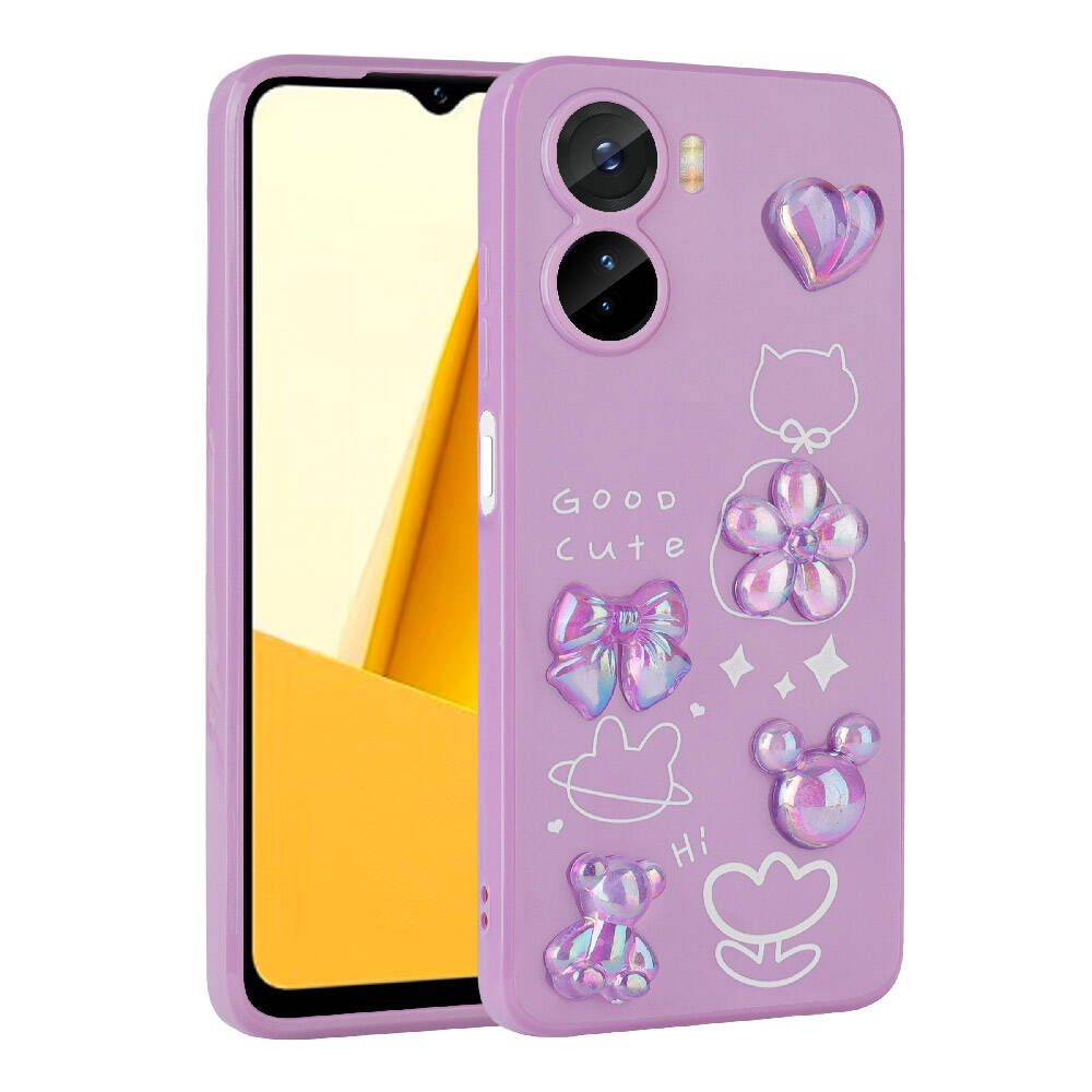 Vivo Y16 Kılıf Kabartma Figürlü Parlak Zore Toys Silikon Kapak Mor