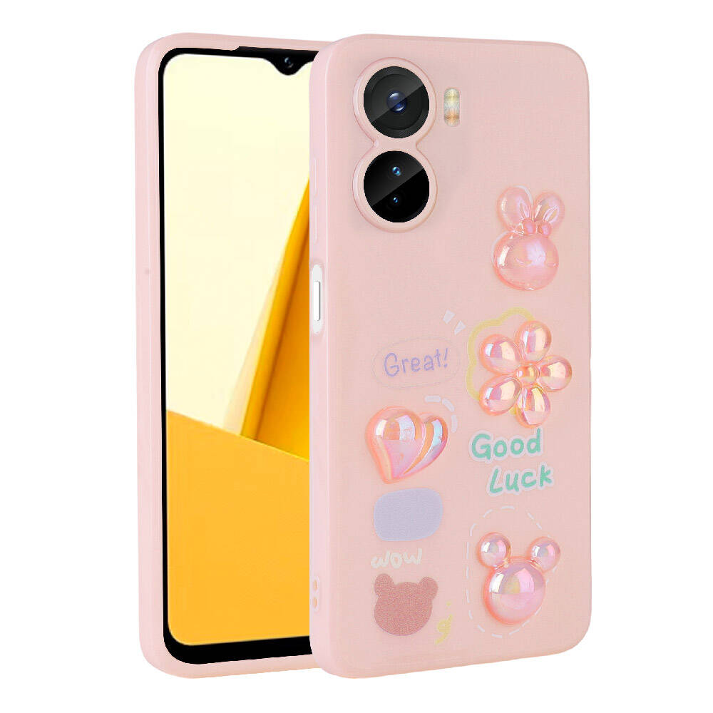 Vivo Y16 Kılıf Kabartma Figürlü Parlak Zore Toys Silikon Kapak Pembe