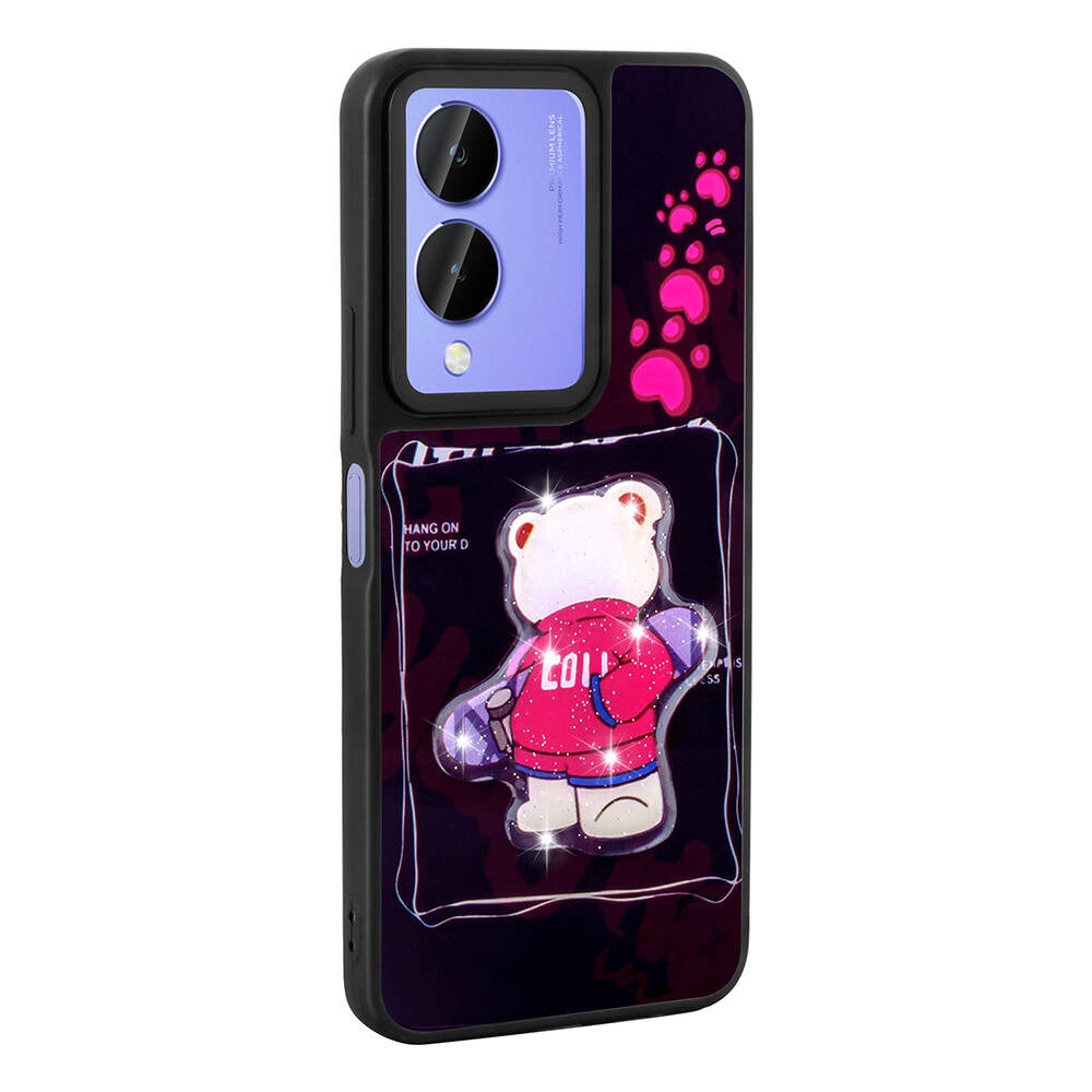 Vivo Y17S Kılıf Parlayan Kabartmalı İkonik Figürlü Zore Amas Silikon Kapak Pembe