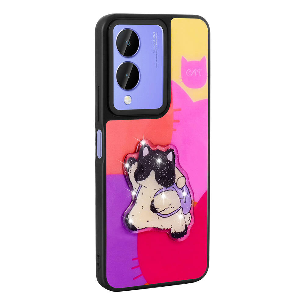 Vivo Y17S Kılıf Parlayan Kabartmalı İkonik Figürlü Zore Amas Silikon Kapak Pembe