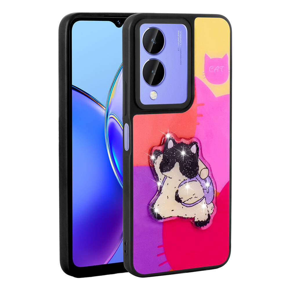 Vivo Y17S Kılıf Parlayan Kabartmalı İkonik Figürlü Zore Amas Silikon Kapak Mor