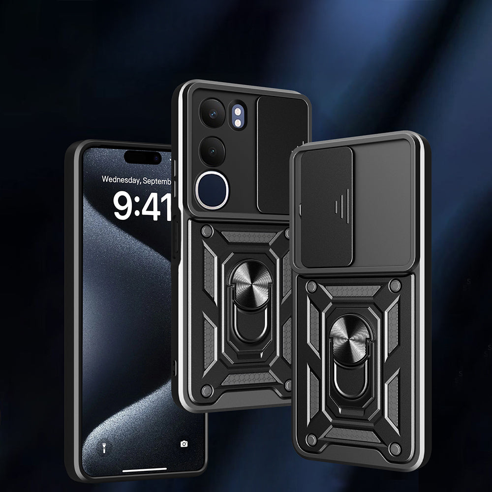 Vivo Y19S Kılıf Magnetik Standlı Kamera Korumalı Zore Sürgülü Vega Kapak Siyah