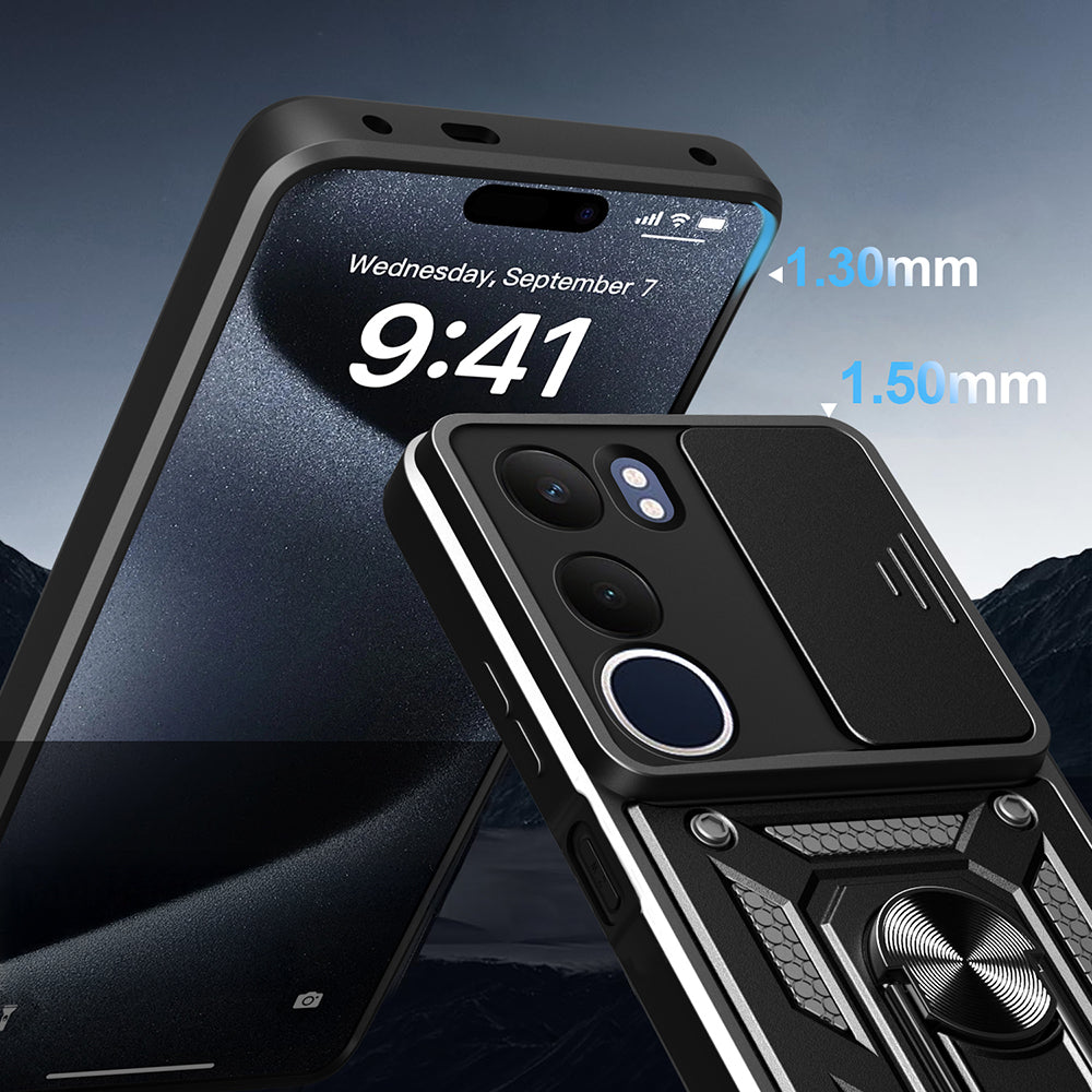 Vivo Y19S Kılıf Magnetik Standlı Kamera Korumalı Zore Sürgülü Vega Kapak Mavi