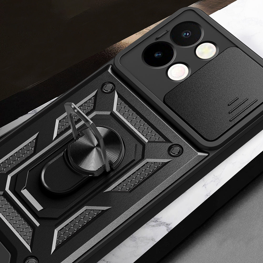 Vivo Y28 Kılıf Magnetik Standlı Kamera Korumalı Zore Sürgülü Vega Kapak Siyah