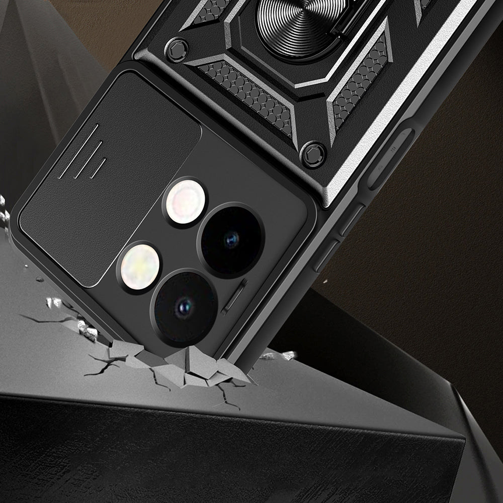 Vivo Y28 Kılıf Magnetik Standlı Kamera Korumalı Zore Sürgülü Vega Kapak Siyah