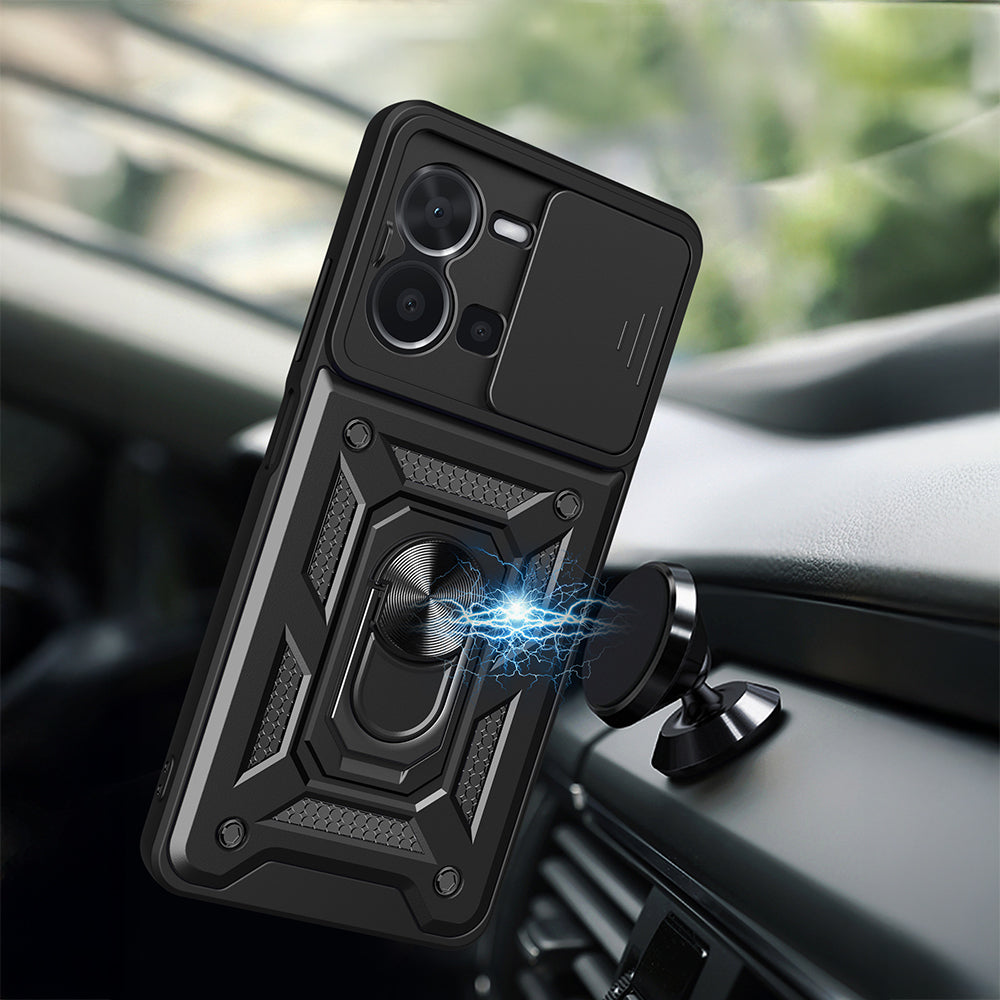 Vivo Y35 Kılıf Magnetik Standlı Kamera Korumalı Zore Sürgülü Vega Kapak Siyah