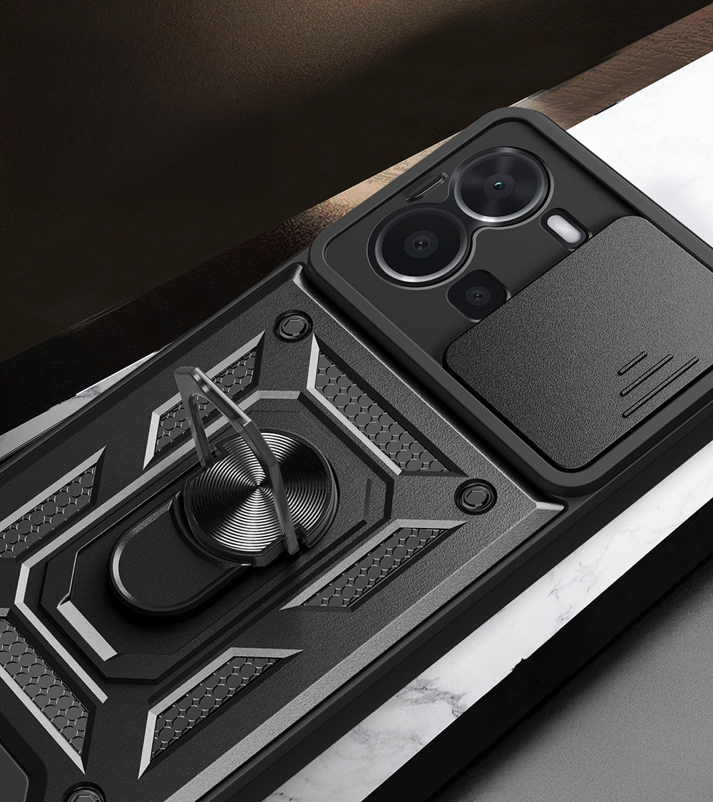 Vivo Y35 Kılıf Magnetik Standlı Kamera Korumalı Zore Sürgülü Vega Kapak Siyah