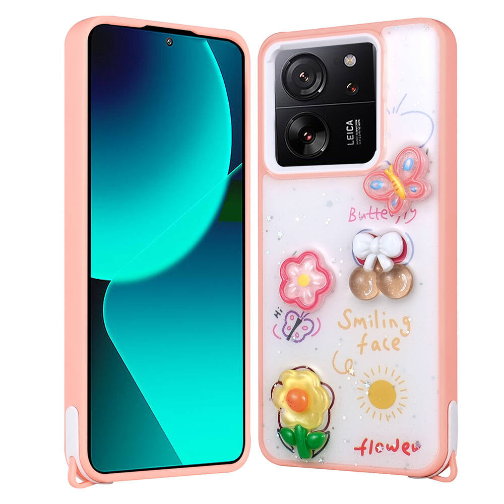 Xiaomi Mi 13T Kılıf Parlayan Simli Kabartma Figürlü Zore Cevze Kapak Pembe