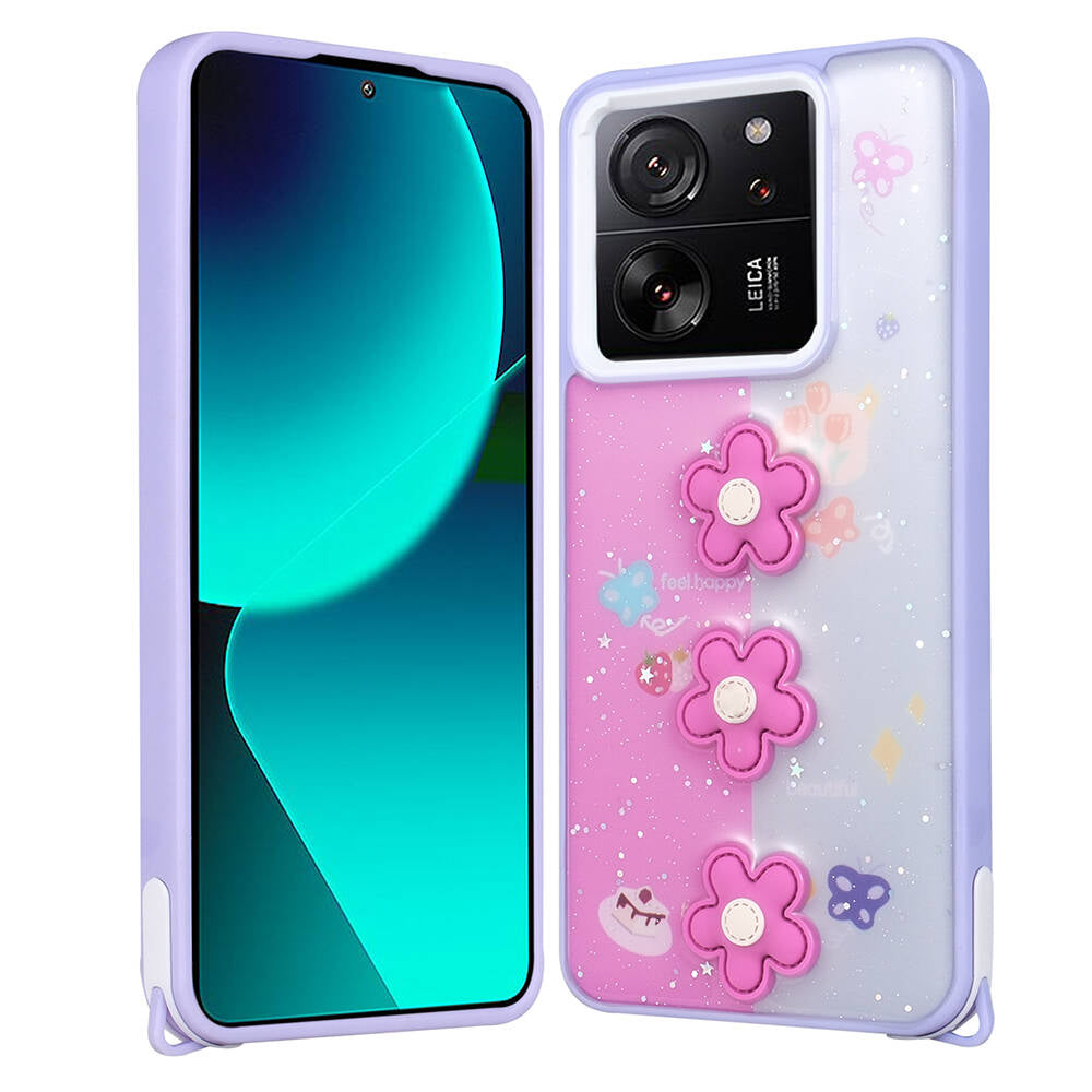 Xiaomi Mi 13T Pro Kılıf Parlayan Simli Kabartma Figürlü Zore Cevze Kapak Mor Papatya