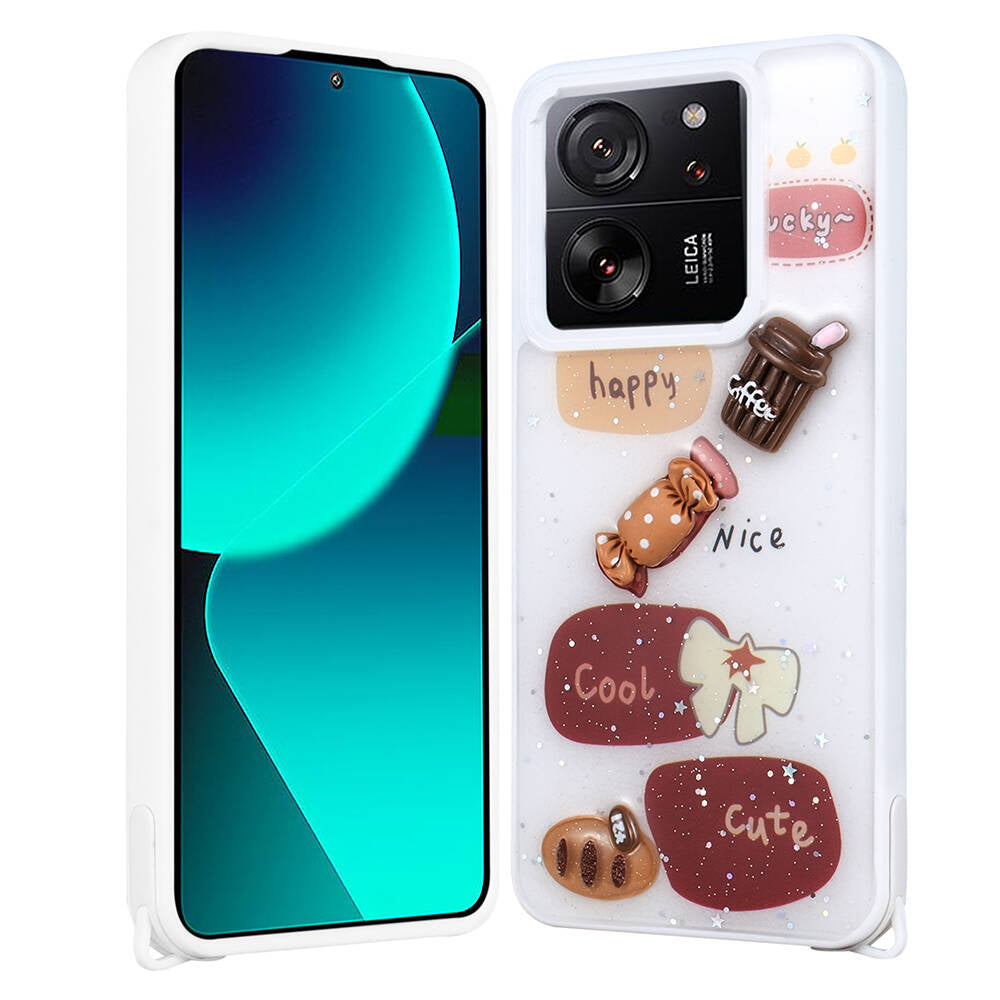 Xiaomi Mi 13T Pro Kılıf Parlayan Simli Kabartma Figürlü Zore Cevze Kapak Beyaz