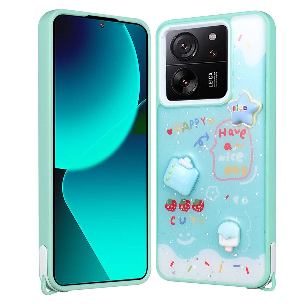 Xiaomi Mi 13T Pro Kılıf Parlayan Simli Kabartma Figürlü Zore Cevze Kapak Pembe