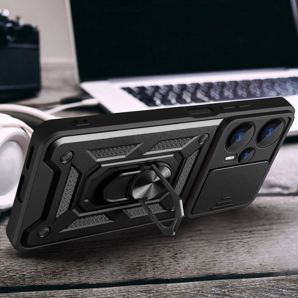 Xiaomi Poco F5 Kılıf Magnetik Standlı Kamera Korumalı Zore Sürgülü Vega Kapak Siyah